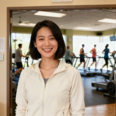 一位留着齐肩短发、穿着米白色运动外套的女性半身照，站在社区健身中心入口处，身后是明亮的有氧训练区和几位正在锻炼的居民，笑容亲切自然。